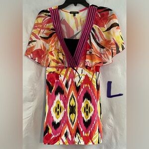 LADIES LARGE PINK, YELLOW, BLACK & WHITE TOP WITH A CROCHETED NECKLINE